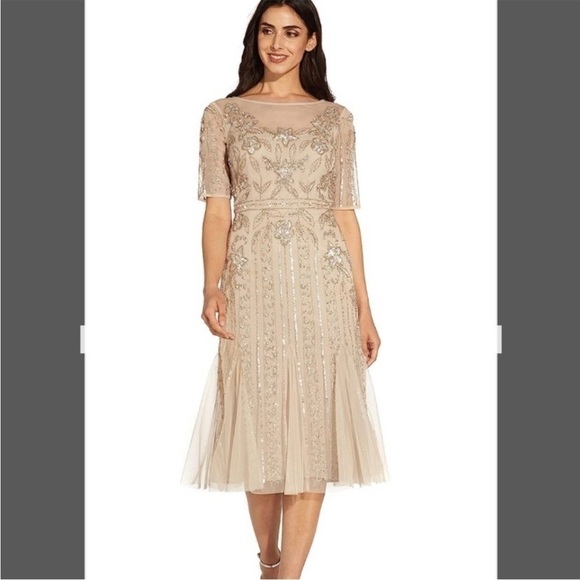 Adrianna Papell Illusion Beaded Mesh Boat Neck Short Sleeve Dress in Biscotti - Picture 5 of 9